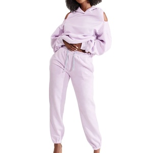 Ensemble survêtement femme streetwear avec logo personnalisé, 100% coton molleton, sweat-shirt et pantalon de jogging deux pièces - Product Image 1