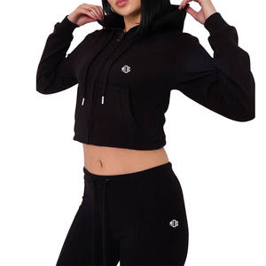 Women Cropped Zip <b>Hoodie</b> and Flared Jogger Set Cotton <b>Fleece</b> Streetwear Two Piece Outfit OEM Bulk Supply vendor - Product Image 2
