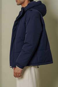 แจ็กเก็ตทรงสูงแบบมีซิปรูดแนวสตรีทของผู้ชายปกเสื้อมีฮู้ดสีน้ำเงินเข้มดีไซน์บับเบิ้ลสีโอเวอร์ไซส์สำหรับทุกเพศ - Product Image 2