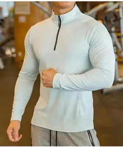 Popular gran oferta camiseta de gimnasio de compresión hombres Jersey Activewear cuarto 1/4 cuello con cremallera correr Formal de punto en blanco