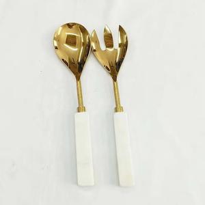 Gold Mirror Polished With White Marble Handle <b>salad</b> bar serving <b>Spoon</b> metal decorative <b>salad</b> servers <b>Salad</b> Serving Set - Product Image 1
