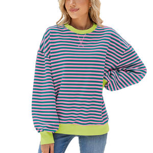 Nuevo estilo de otoño e invierno estampado de punto a rayas cuello redondo Color contrastante suelta sudadera de manga larga para mujer - Product Image 6
