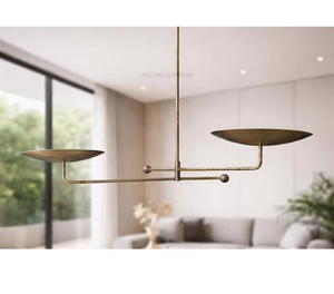 Mid Century <b>Modern</b> Linear Adjustable Height <b>LED</b> Chandelier Antique Brass Double Disc <b>Ceiling</b> <b>Light</b> Minimalist 2 <b>Light</b> Italian - Product Image 4