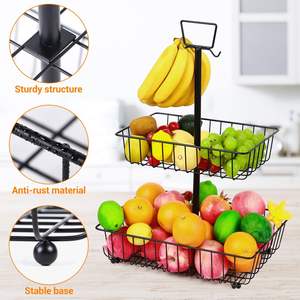 Corbeille à fruits rectangulaire 2 niveaux en métal comptoir de cuisine organisation Snack noir pour cuisine stockage à la main - Product Image 5
