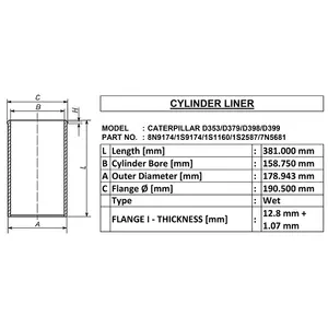 Revestimiento de cilindro húmedo para Caterpillar d353/d379/d398/d399/1s917 4/1s116 0/1s258 7/7n5681 hecho en La India