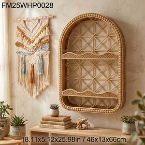 Estante de Pared Arqueado de Ratán con Marco de Cuentas, Estante de Almacenamiento Tejido a <span class=keywords><strong>Mano</strong></span> de <span class=keywords><strong>2</strong></span> Niveles, Estante Decorativo de Pared para Decoración de Sala de Estar - Product Image 3