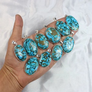 Meilleure vente cuivre Turquoise pierres précieuses lunette pendentif argent plaqué collier Style bohème unisexe mode féminine - Product Image 3