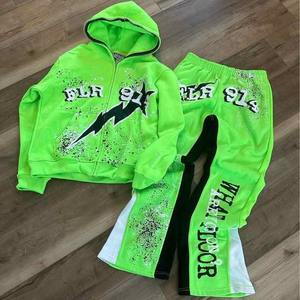 Custom Sweatsuits Zip up Hoodie Cut and DTG Stacked Flare Sweatpants and Hoodie Set <b>Rhinestone</b> Tracksuit Sweatsuit for Men - Product Image 3