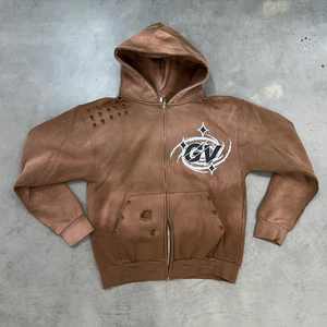 Sweat-shirts épais en coton 100% pour hommes, de haute qualité, surdimensionnés, vintage, délavés au soleil, ourlet brut, coupés, délavés, brodés, avec fermeture éclair - Product Image 2