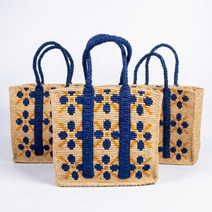 Woven Raffia Casual Tote <b>Bag</b> with Two Handles Open Top Floral Pattern <b>Reusable</b> <b>Shopping</b> Handbag for Retail Promotion - Product Image 4