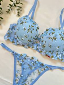 Romantic Floral Embroidered Underwire Bra <b>Set</b> with <b>Push</b>-<b>Up</b> Half Cup <b>Bikini</b> Panties Sexy Women Blue Color Made Turkey Op170 - Product Image 1