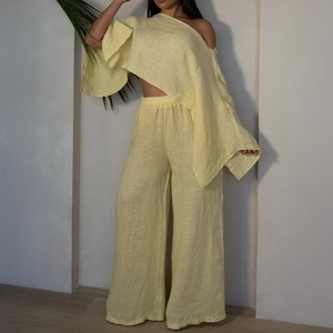 Nuovo Arrivo: Completo Due Pezzi <span class=keywords><strong>in</strong></span> <span class=keywords><strong>Lino</strong></span> 100% con Maniche Lunghe, Top a Spalle Scoperte e <span class=keywords><strong>Pantaloni</strong></span> Lunghi Dritti, Abbigliamento Casual <span class=keywords><strong>in</strong></span> <span class=keywords><strong>Lino</strong></span> - Product Image 1