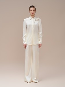 กางเกงเอวสูงผ้าซาตินสีขาวสำหรับผู้หญิงกางเกงขากว้างของผู้หญิงหรูหรามีสไตล์ - Product Image 4