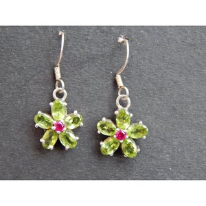 925 Sterling Silver Natural <b>Peridot</b> and Ruby Flower <b>Earrings</b> Fashionable Silver <b>Earrings</b> with Gemstone Inclusions - Product Image 5