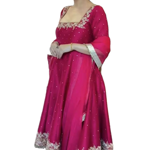 Calidad Premium 2025 Presenting Exclusive Designer Heavy Pure Vichitra Silk Rani Color Anarkali Suit para niñas de moda - Product Image 1