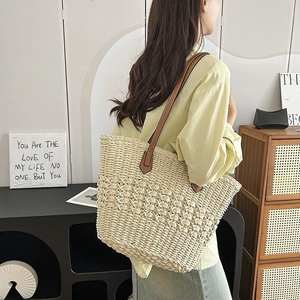 Handmade <b>Summer</b> Beach Tote for Women Vietnam's Woven Rattan Leather Handles Zipper Closure Pearl Bow Cotton Flower Chain Feather - Product Image 4