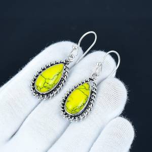 Boucles d'oreilles ovales en turquoise jaune rare, pierre précieuse unique, argent sterling 925 plaqué or, bijoux, cadeau d'anniversaire pour maman - Product Image 2
