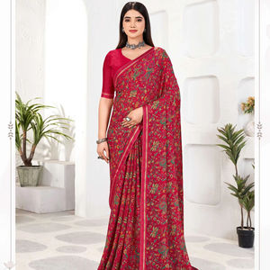 ส่าหรีผ้าไหมชีฟองแท้สไตล์อินเดียพร้อมด้วยขอบลูกไม้แฟนซีและเสื้อชิ้นส่าหรีสีสวย - Product Image 1