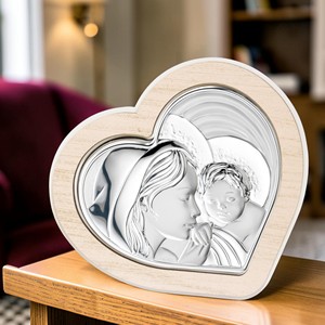 Heart Shaped Madonna and Child UV Printed Silver-Plated Metal Frame <b>Italian</b> Religious <b>Gift</b> for Baptism Communion 8.5x8 - Product Image 2