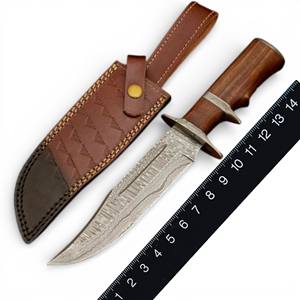 Couteau de chasse et de camping Bowie en acier Damas fait main, lame pleine, manche en bois, étui en cuir, logo OEM, garantie de 3 ans - Product Image 5