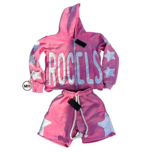 Ensemble de vêtements pour femmes avec logo personnalisé de haute qualité sweat à capuche court joggers grande taille survêtement deux pièces ensembles de tenues assorties - Product Image 1