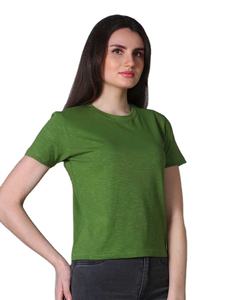 Compre Camisetas de Mujer con MOQ Bajo, Ropa Casual, Cuello Redondo, Camiseta Básica de Manga Corta, Color Verde Sólido Teñido, Camiseta con Cuello Redondo para Verano - Product Image 2