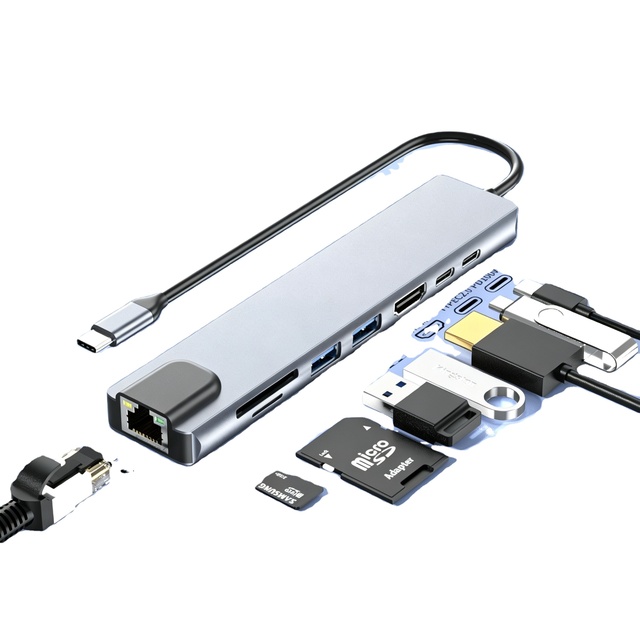 8-in-1 USB-C Hub with 4K for PD 100W Ethernet USB 3.0 SD TF Ports Aluminum Alloy for MacBook Laptop iPad Pro