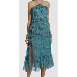 Abito in chiffon Cinq Sept Rayner con volant, scollo all'americana, vita naturale, traspirante, stile da ufficio, taglia unica, lunghezza al ginocchio - Product Image 1