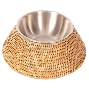Wholesale 1L Natural Rattan Pet Feeder Bowl Cover Handwicker Accessory Vietnam Factory Nice Price for <b>Food</b> Water Application - Product Image 3