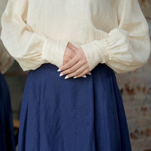 Elegante blusa formal de manga de ramio revoloteando 100% Lino natural ajuste suelto con patrón de cuadros y teñido liso - Product Image 4