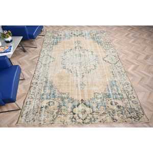 Alfombra Vintage, Alfombra Turca Grande de 6.4x10.1 pies, Alfombra con Bordes Azules y Blancos - Product Image 5