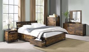 Diseño tradicional Eastern King Bed Madera maciza Roble rústico y acabado negro con almacenamiento Camas de madera - Product Image 4