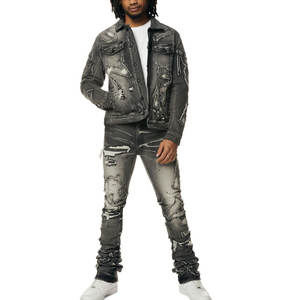 Ensemble veste et pantalon en denim hip-hop pour homme, hiver, respirant, 100% coton, haute qualité, logo personnalisé, vente en gros, vêtements d'extérieur - Product Image 1