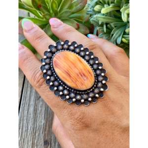 Shawn Cayatineto Boho <b>Statement</b> <b>Ring</b> Spiny Oyster & Turquoise Shell Sterling <b>Silver</b> Bezel Setting Inlay Size 9.5 Everyday Wear - Product Image 2