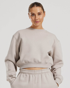 OEM Custom Logo <b>Women's</b> Gym Hoodies Sage Cropped Crew Neck Sweatshirt Dropped Shoulders Ribbed Cuffs Hem Solid <b>Pattern</b> Front - Product Image 1