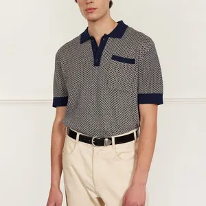 Individuelles OEM gestrickt Jacquard-logo gestrickte Baumwollhemden kurze Ärmel pullover Übergröße blumenstrickwaren hemden für Männer