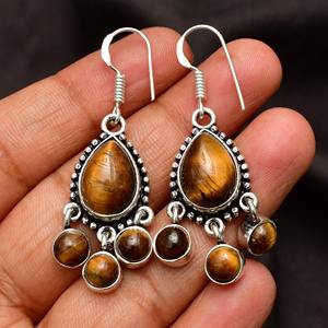 Pendientes de estilo bohemio chapados en plata de ley 925, piedra preciosa de ojo de tigre amarillo a la moda, bisel Natural de piedra, suministro de aniversario - Product Image 1