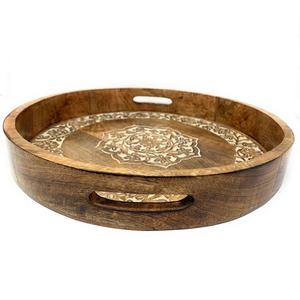 Venta caliente bandeja de servicio de forma redonda hecha de madera con asas de metal accesorios de cocina vajilla bandeja de uso nueva llegada - Product Image 4