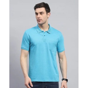 100% algodón azul cielo liso hombres algodón cuello Camiseta estilo casual con diseño en blanco de la India - Product Image 2