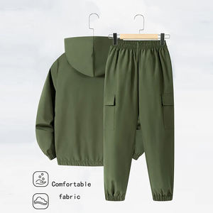 ชุดวอร์มมีฮู้ดแบบขายส่ง สีเขียว ซิปครึ่งตัว แขนยาว ทรงโอเวอร์ไซส์ ชุดสองชิ้น สำหรับฤดูหนาว - Product Image 2