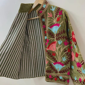 เสื้อคลุมสั้นกำมะหยี่สไตล์โบฮีเมียนสุดหรู ซับในผ้าฝ้ายลายทาง ฟรีไซส์ งานแฮนด์เมด ปักลายซูซานี - Product Image 1