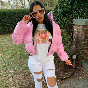 <span class=keywords><strong>2025</strong></span> mùa đông của phụ nữ rắn màu gương PU da đứng cổ Áo cardigan xuống bông độn, euro-mỹ qua biên giới - Product Image 4