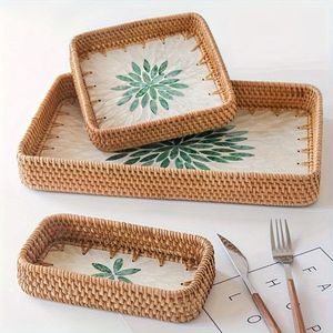 Meilleur choix plateau en rotin nacré de forme ronde avec vadrouille artisanat rotin osier ensemble de (3 pièces) de l'Inde - Product Image 1