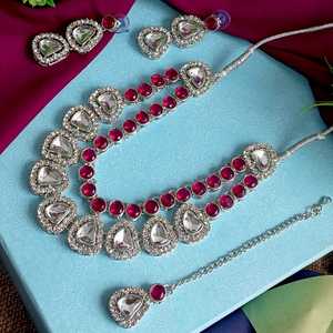 Efulgenz Indian Kundan Multilayered Crystal Necklace Dangle Earrings Maang Tikka Set Indian Manufacturer Jewellery for Women - Product Image 2