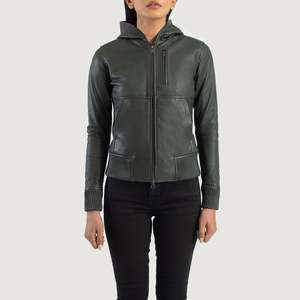 เสื้อแจ็คเก็ตบอมเบอร์หนังแบบมีฮู้ดลายควิลท์สีเขียวลูน่า - Product Image 4