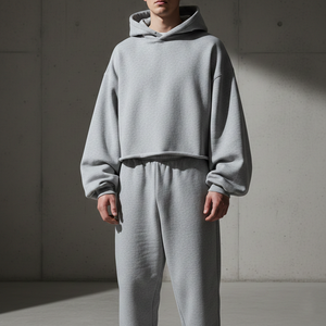 Custom Heavyweight Heather <b>Grey</b> Solid Printed Tracksuit <b>Men</b> Oversized Loose Fit Full Length Hoodie Raw Hem Exaggerated Balloon - Product Image 4