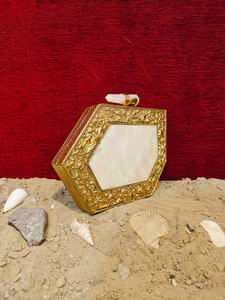 Asymmetrical Mother of <b>Pearl</b> <b>Clutch</b> with Hammered Gold Frame and Crystal Stone Clasp Luxury Evening Statement <b>clutch</b> bag - Product Image 2