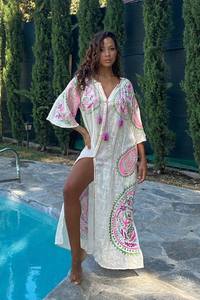 Superventas bohemio Casual Floral bordado Trabajo Mujer Vyshyvanka cuello en V profundo manga larga Sexy Lino vestido Ucraniano - Product Image 5