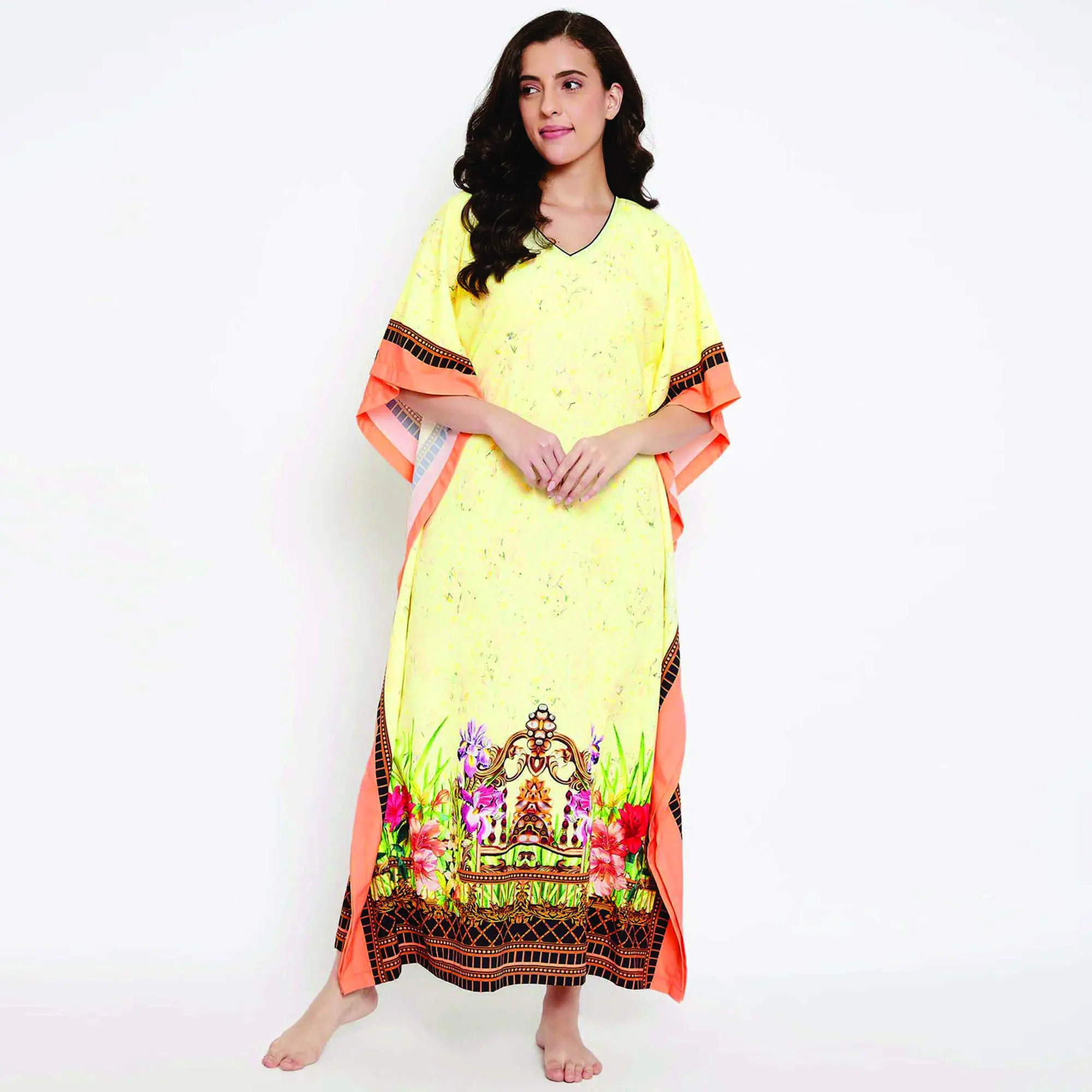 Custom Manufacture Slim Fit Polyester Crape Round Neck with Tie Up Yellow And Peach Printed Maxi Kaftan