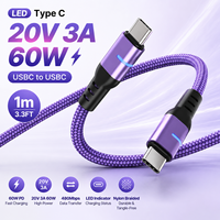 Câble USB-C LED 2026, 20V 3A 60W, charge rapide, USB-C vers USB-C, 1m, câble de données tressé en nylon pour téléphones mobiles avec logo personnalisé